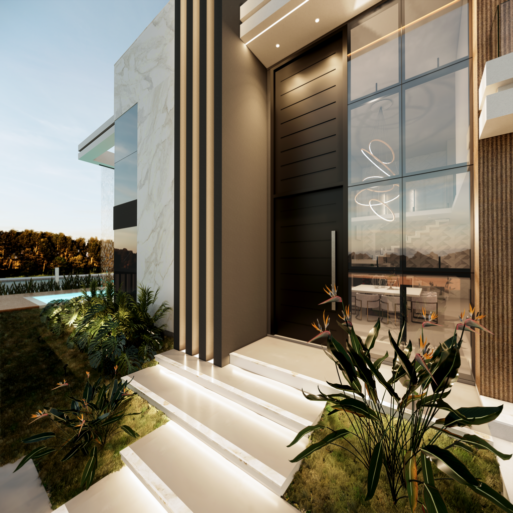 Stunning modern house entrance with landscaping and large windows in Brazil.