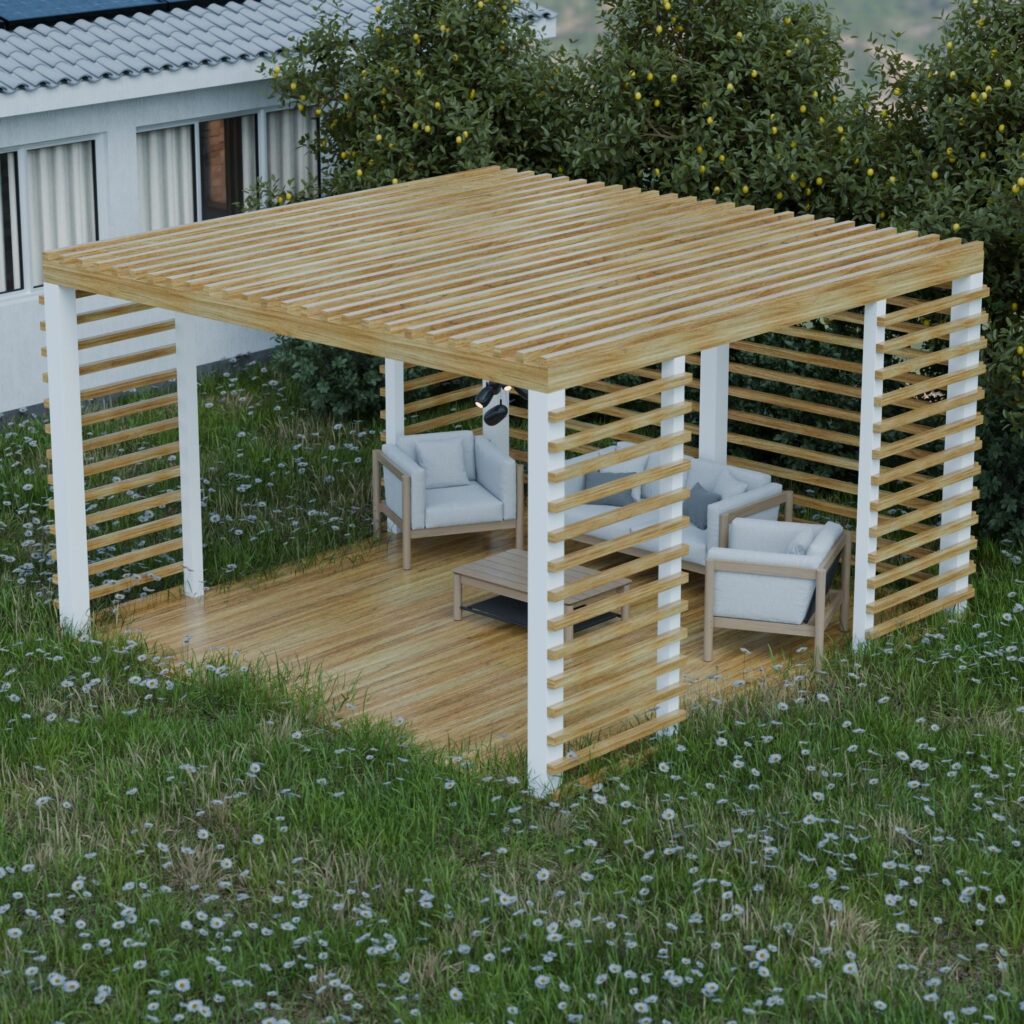 Wooden pergola in a lush garden setting with comfortable seating, ideal for outdoor relaxation.
